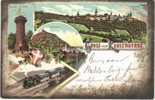 1904 Wien, Vienna, Bécs; Kahlenberg und Leopoldberg, Stefanie-Warte / mountains, restaurant, lookout tower, cogwheel railway. Art Nouveau, floral, litho (EK)