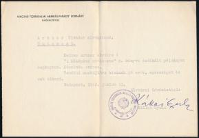 1962 Kállai Gyula (1910-1996) mint miniszterelnök-helyettes, későbbi miniszterelnök saját kézzel aláírt köszönőlevele Artner Tivadar művészeti írónak a neki küldött könyvért