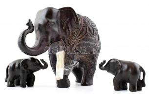 1 nagyobb és 2 db kis méretű elefánt figura őrleményből, nagy méretű agyarai kiestek a helyükről, lábához ragasztva, m: 9,5 és 3,5 cm.