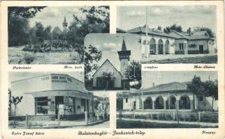 1943 Balatonboglár, Jankovich telep, park, római katolikus templom, MÁV vasútállomás, kaszinó, Györe József üzlete és saját kiadása