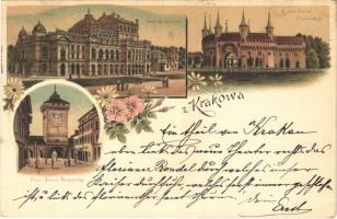 1896 (Vorläufer!!!) Kraków, Teatr Krakowski, Rondel bramy Florianskiej, Ulica i Brama Floryanska / theatre, St. Florians Gate, barbican, street view. Art Nouveau, floral, litho