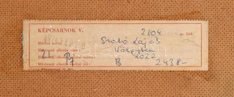 Szabó Lajos (1927-1995): Völgyben. Olaj, farost, jelzett. Hátoldalán Képcsarnok Vállalat címkéjével ...