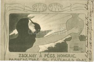 1901 A pécsi Zsolnay porcelángyár francia nyelvű szecessziós reklám művészlapja / Zsolnay a Pécs, Hongrie. Manufacture de Fayences dArt / Hungarian porcelain factory Art Nouveau advertisement art postcard. French edition (non PC) (vágott / cut)