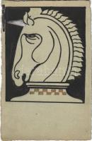 Huszár sakk figura / Knight. Hand-drawn chess art postcard (EK)