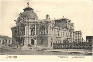 Budapest XIII. Vígszínház, építkezés, fúrógépek, emelőgépek és felvonó daruk reklámja. A színház 1896-ban készült el, körülötte később épült többemeletes épületek még hiányoznak