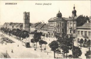 1924 Debrecen, Ferenc József út, villamos, Márton Gyula és fia és Váradi József üzlete