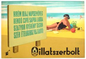 Villamosplakát: Krém, olaj napszemüveg kendő cipő, gyékény...Illatszerbolt, Balaton , strand, 33,5x24 cm