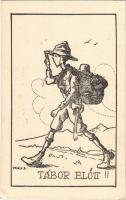 Tábor előtt! A KEG (Katolikus Egyetemi Gimnázium) cserkészcsapatok kiadása / Hungarian boy scout art postcard, at the scout camp s: Velősy Béla (EK)