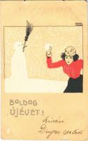 1901 Boldog Újévet! / Art Nouveau lady with snowball and snowman in winter. New Year greeting art postcard. litho s: Raphael Kirchner (EB)