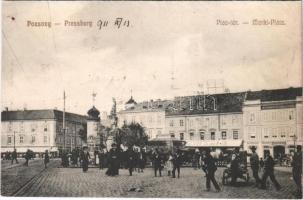 Pozsony, Pressburg, Bratislava; Piac tér, piaci árusok, Rudolf szálloda / Marktplatz / square, market vendors, hotel (r)
