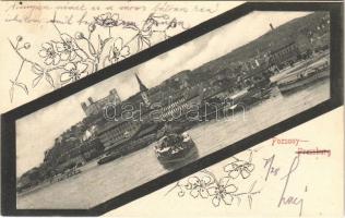 1905 Pozsony, Pressburg, Bratislava; látkép, vár, gőzhajó, rakpart. Verlag Bediene dich allein / general view, castle, steamship, quay. Floral