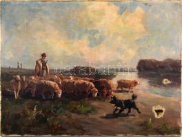 Rákosi Uitz János (1887-?): Nyáj juhásszal és kutyával. Olaj, vászon, jelzett, sérült (több helyen lyukas), 60×80 cm