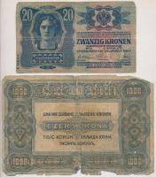 Vegyes: 1882. 1Ft / 1G + 1913. 20K (2x) piros "MAGYARORSZÁG" körbélyegzővel + 1920. 1000K ...