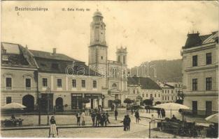 1915 Besztercebánya, Banská Bystrica; IV. Béla király tér, Kohn József, Löwy Ferenc üzlete, piaci árusok / square, market vendors, shops (EK)