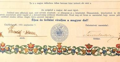 1931 Kolozsvár, Romániai Magyar Dalosszövetség díszoklevele, gyűrődésekkel