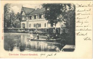 1902 Thurzófüred, Kúpele Turzo (Gölnicbánya, Gelnica); fürdő, evezős csónakok. Wlaszlovits Gusztáv kiadása 1282. / spa, rowing boats (EK)