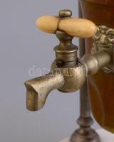 Régi különleges kávéfőző, porcelán talppal, réz testtel, üveg fedővel, az üveg fedőn lyukkal, a réz ...