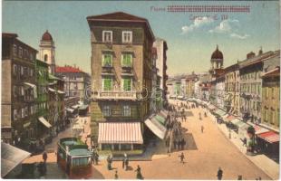 Fiume, Rijeka; Corso V. E. III. / street, tram, shops / utca, villamos