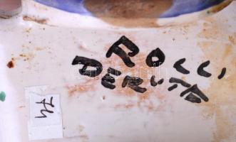 Szamár kocsival kerámia figura, kézzel festett, jelzett, lepattanásokkal, h: 18 cm