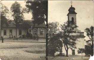 1936 Nagymácséd, Velká Maca; Római katolikus templom és iskola, kerékpár / Catholic church and school, bicycle. photo (EM)