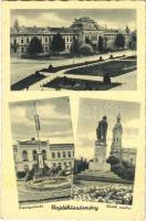 1943 Hajdúböszörmény, Városháza, Országzászló, Hősök szobra, emlékmű. Kiss Antal kiadása (EB)