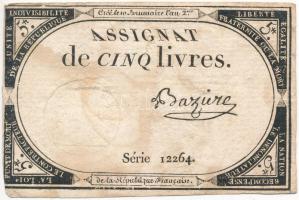 Franciaország 1793. 5L Assignata vízjeles papíron, szárazpecséttel T:III ly., fo. France 1793. 5 Livres Assignata on watermarked paper with embossed stamp C:F hole, spotted Krause P#A76