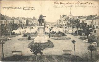 1913 Marosvásárhely, Targu Mures; Széchenyi tér, Kossuth park, Holbach Ede üzlete / square and statue, shops (fa)