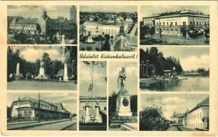 1943 Kiskunhalas, mozaiklap: Országzászló, Kuruc szobor, vasútállomás, városháza, hősök szobra, emlékmű, stb. (fl)