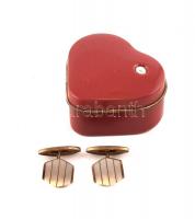 Szív alakú piros fém doboz, 1 pár réz, gyöngyház berakásos mandzsettával
