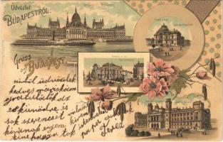 1901 Budapest, Országház, Parlament, Vígszínház, Népszínház, Igazságügyi Palota. Ottmar Zieher Art Nouveau, floral, litho (EB)