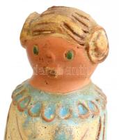 Kiss Roóz Ilona (1920-2010): Lány virággal, Mázas kerámia, kézzel festett, jelzett, hibátlan, m: 18 ...