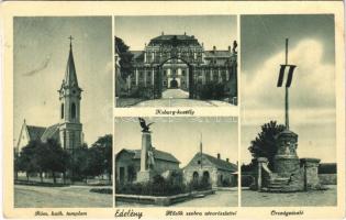 1941 Edelény, Koburg kastély, Római katolikus templom, Hősök szobra, emlékmű, utca, Országzászló (EK)