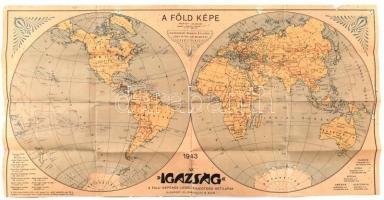 1943 A föld képe (világtérkép), Bp., Igazság, a falu népének legelterjedtebb hetilapja, magyaros-florális ornamentikával díszített, lap alja vágott, kisebb szakadásokkal, apró foltokkal, 42x81,5 cm