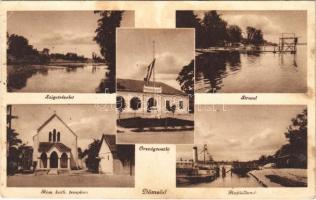 1935 Dömsöd, Sziget, Országzászló, strand, Római katolikus templom, Hajóállomás, gőzhajó (fl)