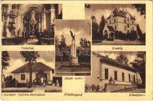 1949 Felsősegesd (Segesd), Templom, belső, Hősök szobra, emlékmű, Széchenyi kastély, Községháza, utca, Györkös üzlete (EK)