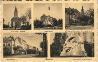1942 Szolnok, Római katolikus templom, Országzászló, Ferenc-rendi templom és polgári iskola, utca, Damjanich vértanú szobra
