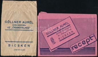 1937 Bicske, Göllner Aurél Gyógyszertára az Őrangyal-hoz gyógyszertári recept boríték, benne 2 db recepttel (Felcsút, Dr. Csókás István.), valamint egy gyógyszertári tasakkal.