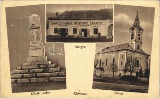 1943 Kemence, Hősök szobra, emlékmű, Hangya Szövetkezet üzlete, templom (EK)