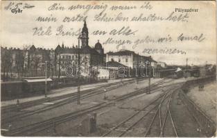 1916 Győr, Pályaudvar, vasútállomás, gőzmozdony, vonat (EK)