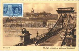 1949 Budapest, Lánchíd, Királyi vár + "A fasizmus lerombolta, a népi demokrácia újjáépítette a 100 éves Lánchidat 1949. nov. 20." So. Stpl.