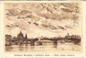 Budapest, Margit híd, villamos, háttérben Buda. Zádor István rézkarca (vágott / cut)