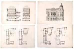 1880 A budapesti egyetemi könyvtár épületének tervrajzai (ép: Szkalniczky és Koch) 4 db nagyméretű rotációs fametszet 44x30 cm