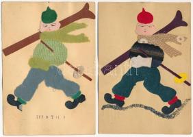 10 db RÉGI motívum képeslap textil rátéttel: népviselet és sport / 10 pre-1945 motive postcards with textile applique: folklore, sport