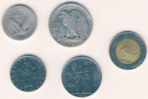 USA 1917. 1/2$ Ag "Walking" + 19.. 1/4$ Ag "Liberty" T:3/4+ + Olaszország 1967-88. 50L, 100L, 500L T:2 Összesen 5 klf db!