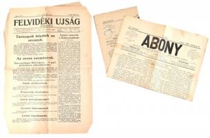 cca 1907-17 Abony újság 2 db lapszáma, sérült, hiányos + Felvidéki Újság 1917, többek közt az I. világháború híreivel, két lap szétszakadt hajtás mentén