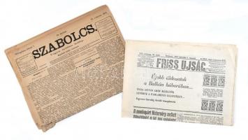 cca 1875-1912 Szabolcs, vegyes tartalmu hetilap, IV. évf. 6. sz., 1875.II.7, szakadt + Friss Ujság, 1912.II.9, hiányos (3.-7. o. hiányzik)