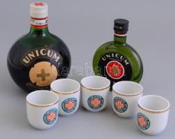 Vegyes unicumos tétel: Hollóházi unicumos csésze, 5 db + 1975-ös bontatlan Unicum + Unicum bontatlan lapos üveg