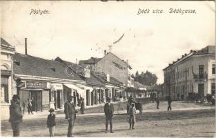 1912 Pöstyén, Piestany; Deák utca, Takarékpénztár, könyvnyomda, könyv és papírkereskedés, gyógyszertár, Herzog szálloda, Stern és Fr. Lipót üzlete / street, savings bank, shops, hotel, pharmacy (EK)