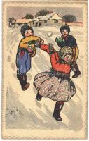 1918 Children art postcard, snowball fight s: A. Kloubek Schrutz (EK)