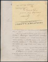 1884 Cholnoky László (1835-1901) ügyvéd, Cholnoky Jenő (1870-1950) földrajztudós édesapjának saját kézzel írt levele egy barátjának, saját fejléces papírján, egy beírt oldal.